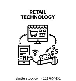 Retail Technology Vector Icon Concept. Smartphone Nfc System And Pos Terminal Retail Technology For Paying Contactless Card And Mobile Phone. Computer Online Choose Goods And Order Black Illustration