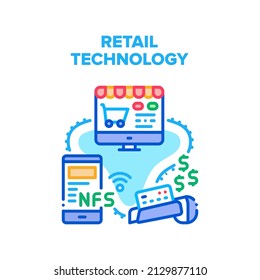 Retail Technology Vector Icon Concept. Smartphone Nfc System And Pos Terminal Retail Technology For Paying Contactless Card And Mobile Phone. Computer Online Choose Goods And Order Color Illustration