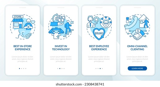 Retail tendencies blue onboarding mobile app screen. Business owner walkthrough 4 steps editable graphic instructions with linear concepts. UI, UX, GUI template. Myriad Pro-Bold, Regular fonts used