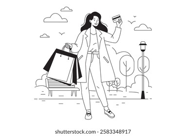 retail therapy, Line vector illustration, a woman is taking part in seasonal sales in a shop, store, mall in a new normal lifestyle. Black and white flat cartoon vector illustration