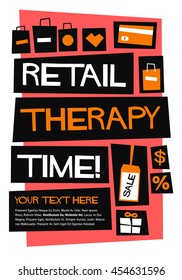 Retail Therapy Time! (Flat Style Vector Illustration Shopping Quote Poster Design) 
with text box template 