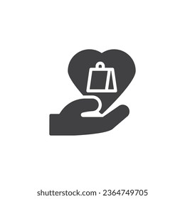 Retail Therapy vector icon. filled flat sign for mobile concept and web design. Hand with shopping bag and heart glyph icon. Symbol, logo illustration. Vector graphics