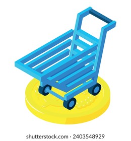 Retail trade icon isometric vector. Empty shopping trolley on big golden coin. Business, finance, shopping