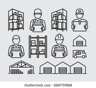 Retail Trade Warehouse Worker Person Holding Box Vector Line Style Icons