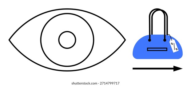 Tendencias del comercio minorista, comportamiento del consumidor, compras, identidad de marca, marketing, enfoque en el producto. Un icono de ojo y un bolso azul con flecha. Tendencias del comercio minorista y concepto de comportamiento del consumidor