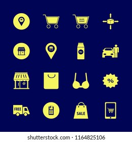 retail vector icons set. with parcel four directions, man with car, store location and free delivery in set