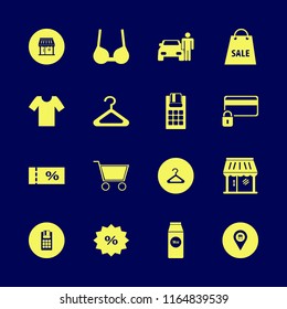 retail vector icons set. with shop, brassiere, discount tag and pos terminal in set