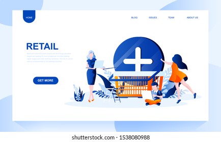 Retail vector landing page template with header. Distributive trades web banner, homepage design with flat illustrations. Commerce, purchase, adding product to basket. Retailment website layout