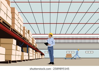Retail warehouse full of shelves with goods in cardboard boxes, workers scanning and sorting packages, moving Inventory with pallet trucks and forklifts. Product distribution logistics center.