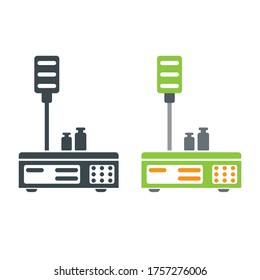 Retail Weighing Scales  Vector Icon and Illustration with Masses. Mass measuring for trade,  bakery, grocery, delicatessen, seafood, meat, produce.