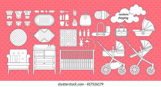 Retail and wholesale kids shop. Cribs, baby stroller, children clothing, toys and other baby stuff for a newborn. Vector kids shopping list set in flat style.