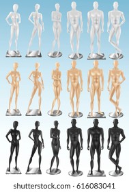 Retail window display 3 colored realistic fashion female and male full body mannequins collection isolated vector illustration