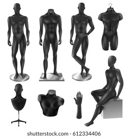 Retail window display black realistic sport fashion male full body and partial mannequins collection isolated vector illustration