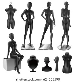 Retail window display black realistic fashion female full body movable joints and partial mannequins collection vector illustration