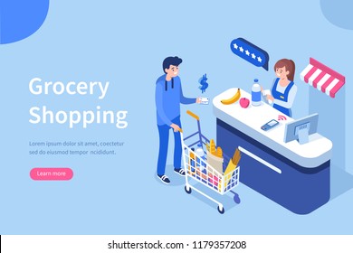 Retail woman cashier with barcode scanner and customer with purchases.Can use for web banner, infographics, hero images. Flat isometric vector illustration isolated on white background.