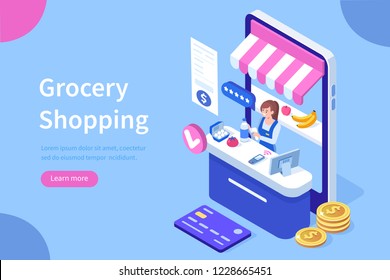 Retail woman cashier with barcode scanner. Can use for web banner, infographics, hero images. Flat isometric vector illustration isolated on white background.