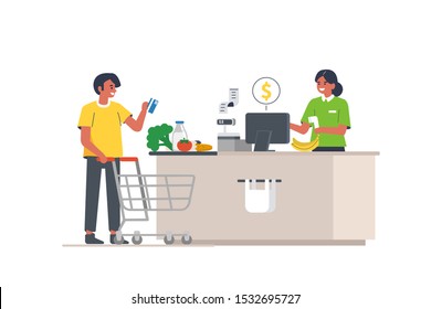 Retail woman cashier with barcode scanner scanning grocery at supermarket. Man customer standing near cashier desk with purchases in retail store. Shopping concept. Flat cartoon vector illustration. 