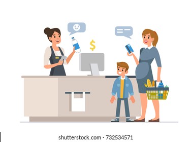 
Retail woman cashier with barcode scanner and family with purchases. Family shopping in supermarket and paying with card.  Flat style vector illustration, isolated on white background.