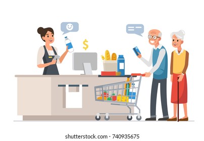 Retail woman cashier with barcode scanner and elderly couple with purchases. Family shopping in supermarket and paying with card. Vector illustration.