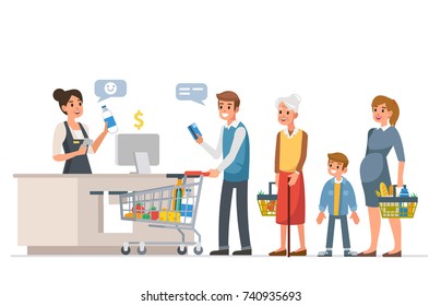 Retail woman cashier with barcode scanner and line of customers. Flat style vector illustration isolated on white background.