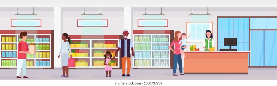 retail woman cashier at checkout supermarket mix race customers standing line queue shopping concept grocery market interior flat horizontal banner