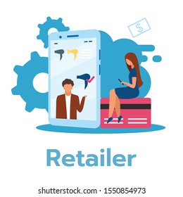Retailer flat vector illustration. Selling consumer goods. Merchandise distibution. Product display on smartphone. Online shopping. E-commerce. Business model. Isolated cartoon character on white