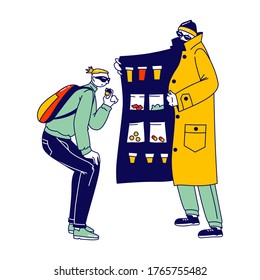 Retailer Gangster Characters in Raincoat and Sunglasses Sell Drugs to Young Male Customer. Man Buying Prohibited Drugs on Illegal Market, Commercial Channel Concept. Linear People Vector Illustration