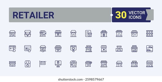 Retailer line icons. Includes thin line cart, shopping, shop, product, business, market, sale and more. Store line and solid icons. Editable vector icon and illustration.