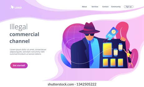 Retailer in raincoat sells digital devices to customer, tiny people. Gray market, electronics parallel market, illegal commercial channel concept. Website vibrant violet landing web page template.