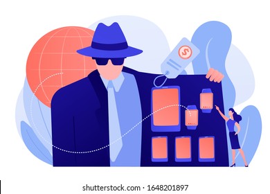 Retailer in raincoat sells digital devices to customer, tiny people. Gray market, electronics parallel market, illegal commercial channel concept. Pinkish coral bluevector isolated illustration