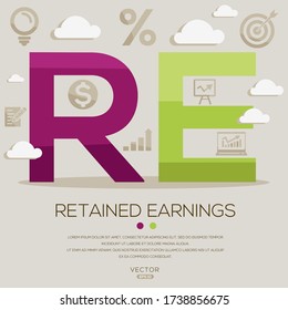 RE (retained earnings), letters and icons. Vector illustration.