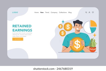 Retained Earnings web or landing. Confident man holding a golden coin, surrounded by floating coins and a pie chart. Business savings, profit accumulation. Flat vector illustration