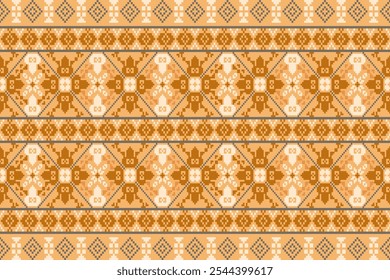 Retangle shape seamless pixel art.Flower Ikat pattern embroidery.Pixel Art Fabric background Pattern with Geometric Square.Abstract background vector illustration.carpet,batik,knitwear