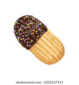 Retangle-shaped biscuit with chocolate topping and colorful sprinkles.