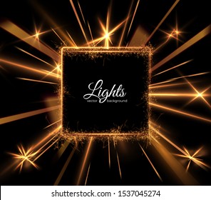 Retangular luxury golden shiny frame with radial ray beams vector background.  Holiday glowing backdrop. Christmas celebration background border 