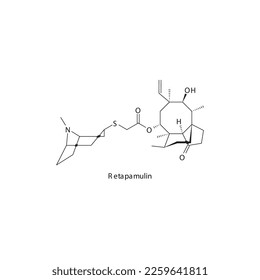 Retapamulin flat skeletal molecular structure Pleuromutilin antibiotic drug used in treatment. Vector illustration.