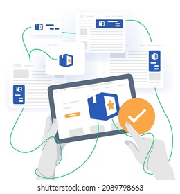 Retargeting advertising concept. Holding the tablet in hands and seeing retargeting ads on different platforms and websites. The path from a visitor to a client. Lead conversion idea