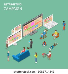 Retargeting campaign flat isometric vector concept. People around all types of devices for internet access with the same advertising banners.