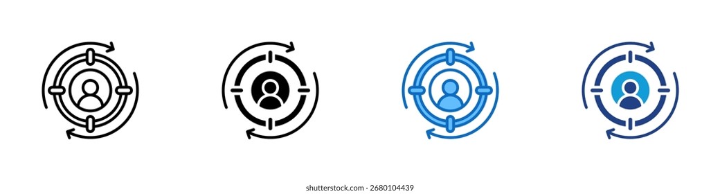 Redirecionamento do vetor de design de ícone de estilo múltiplo - seta circular com um símbolo do usuário no centro, representando redirecionamento e remarketing em marketing digital