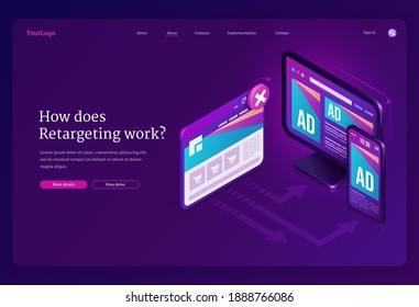 La reorientación o la recomercialización y la página de inicio isométrica, la metodología de negocio de la publicidad atraen a los clientes mediante la creación de contenido y análisis valiosos. Dispositivos digitales con página de anuncios, banner web de vector 3d