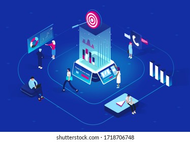 Retargeting or remarketing concept in isometric design. Business methodology that attracts customers by creating valuable content and analysis. Flat vector illustration