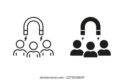 Retention Employee People to Business Company Silhouette and Line Icon Set. Lead Attract Customer Pictogram. Magnet Acquisition Potential Client Icon. Editable Stroke. Isolated Vector Illustration. svg