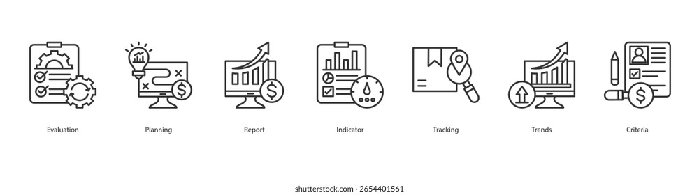 Retention Icon Set Planning, Evaluation, Planning,  Report, Indicator, Tracking, Trends, Criteria