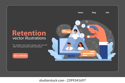 Retention strategy concept. A large hand magnetically attracts and retains digital employees on a computer screen. Engagement in the workplace, ensuring loyalty and productivity. vector illustration