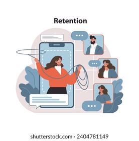 Concepto de estrategia de retención. Mujer con lazo conectando a diversas personas a través del smartphone. Mejora del compromiso y la lealtad de los usuarios. Creación de relaciones con los clientes. Ilustración vectorial plana