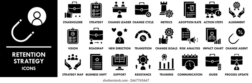 Retention Strategy icon collection set. Containing design retention, strategy, business, customer, management, marketing