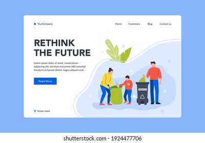 Rethink the future, collect trash in bin landing page. Illustration of family collecting junk in dustbin, basket. People cleaning litter, vector.