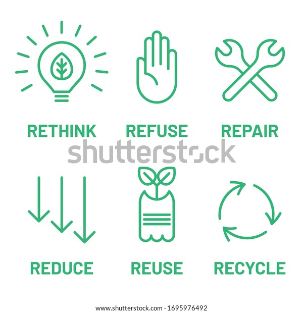 Rethink, Refuse, Repair, Reduce, Reuse, Recycle\
green icon set. Ecology, zero waste, sustainability,  nature\
protection, eco friendly\
concept.