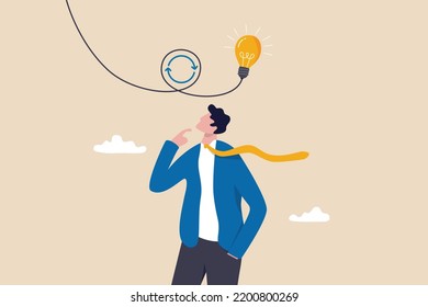 Rethink or think again to make change for better result, thinking new way to solve problem or make decisions, innovation idea to disruption concept, smart businessman rethink with lightbulb idea.