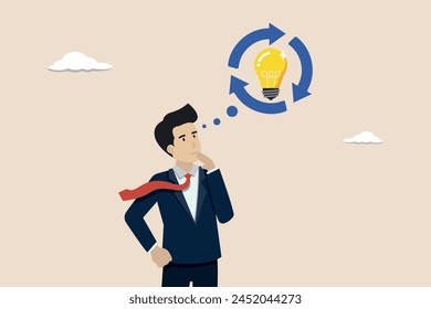 Rethink or think again to make change for better result, thinking new way to solve problem, smart businessman rethink with lightbulb idea.